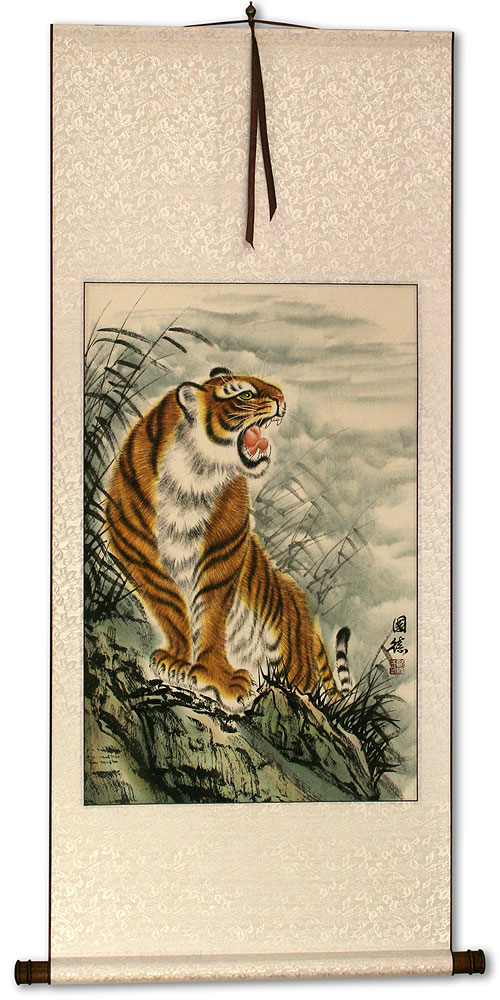 Roaring Chinese Tiger Wall Scroll Tigers & Dragons Paintings and Wall