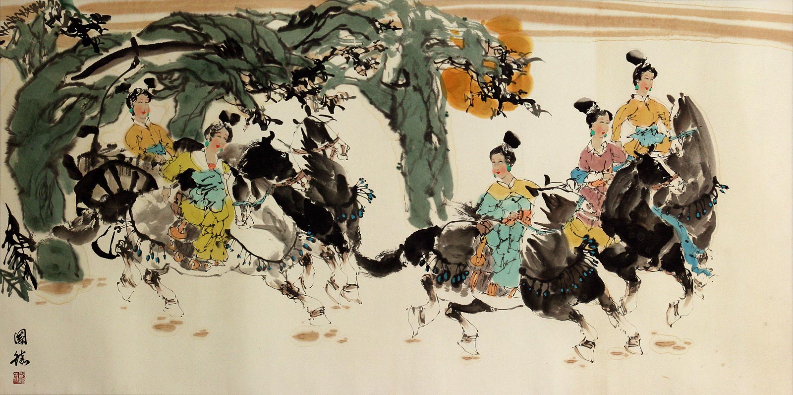 Tang Dynasty Horseback Ride Large Painting Asian Horse Artwork