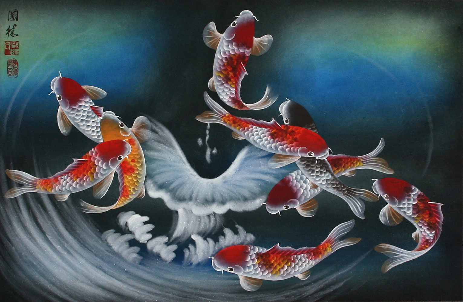 Nine Koi Fish Blue Dreams Painting Asian Koi Fish Paintings & Wall