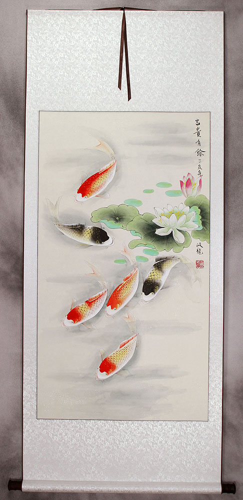Japanese Koi Fish and Lotus Wall Scroll Asian Koi Fish Paintings Wall
