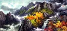 North Korean Home by the Waterfall Painting