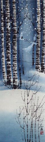 Birch Forest Winter Cranes Wall Scroll close up view