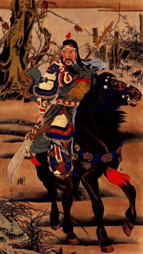 Warrior Saint Guan Gong on Horse - Partial-Print Wall Scroll close up view