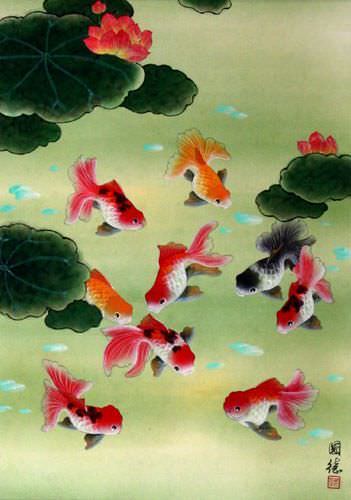 Gold Fish & Flowers - Asian Wall Scroll close up view