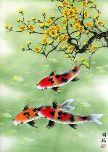 Koi Fish & Plum Blossoms - Asian Wall Scroll close up view