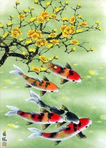 Koi Fish & Plum Blossoms - Asian Wall Scroll close up view