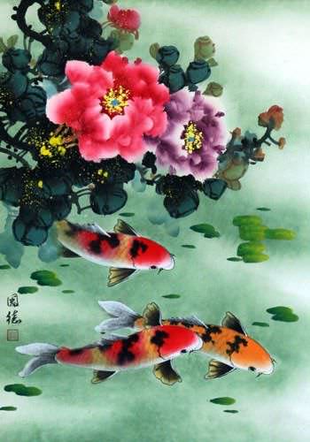 Koi Fish & Peony Flower - Chinese Wall Scroll close up view