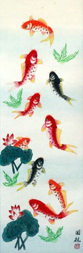 Koi Fish & Lotus Flower - Chinese Wall Scroll close up view