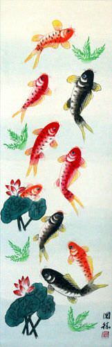 Koi Fish & Lotus Flower - Chinese Wall Scroll close up view