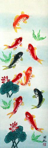 Koi Fish & Lotus Flower - Chinese Wall Scroll close up view