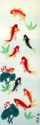 Koi Fish & Lotus Flower - Chinese Wall Scroll close up view