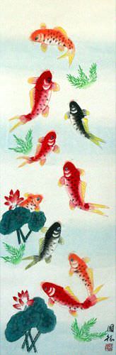 Koi Fish & Lotus Flower - Chinese Wall Scroll close up view