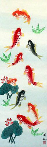 Koi Fish & Lotus Flower - Chinese Wall Scroll close up view