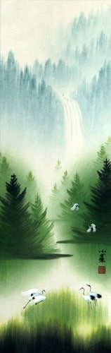 Waterfall Delight Asian Cranes Landscape Wall Scroll close up view