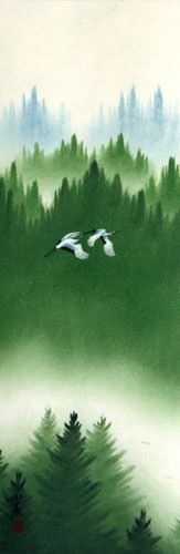 Companions Asian Cranes Landscape Wall Scroll close up view