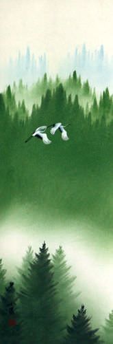 Companions Asian Cranes Landscape Wall Scroll close up view