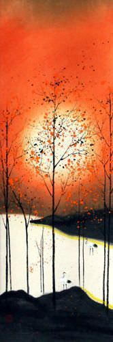 Colorful Asian Cranes Wall Scroll close up view
