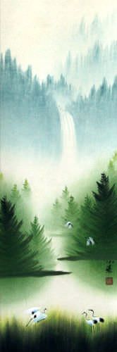 Waterfall Delight Asian Cranes Landscape Wall Scroll close up view