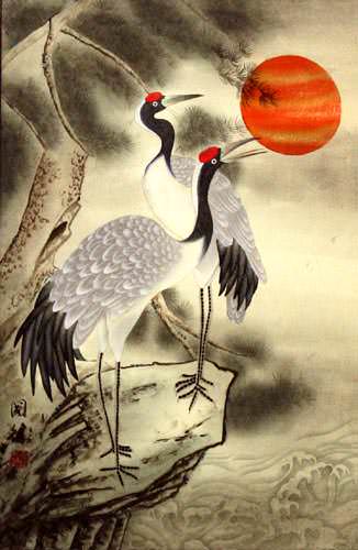 Antique-Style Cranes Wall Scroll close up view