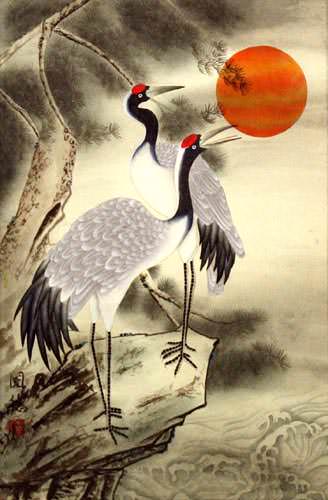 Antique-Style Cranes Wall Scroll close up view