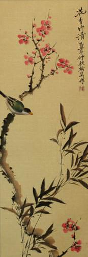 Enjoy the Beauty of Spring - Bird and Flower Wall Scroll close up view