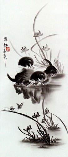 Charcoal Kittens and Butterflies Wall Scroll close up view