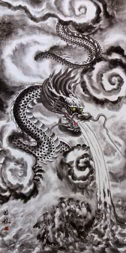 Flying Chinese Dragon - Asian Wall Scroll close up view