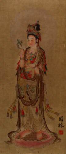 Guanyin Buddha - Buddhist Deity - Partial Print Wall Scroll close up view