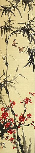 Chinese Bamboo and Plum Blossom Wall Scroll close up view