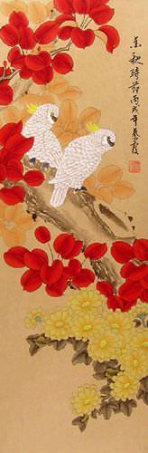 Golden Autumn - Birds and Flowers Wall Scroll close up view