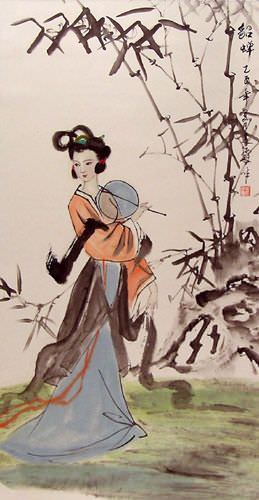 Summer Bamboo Beautiful Woman of China Wall Scroll close up view