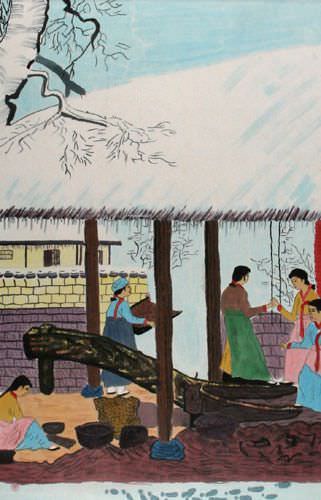North Korean Village Scene Wall Scroll close up view