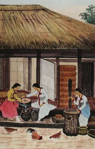 North Korean Village Ladies Wall Scroll close up view