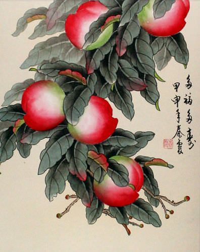 Many Good Wishes and a Very Long Life Peach Tree Wall Scroll close up view
