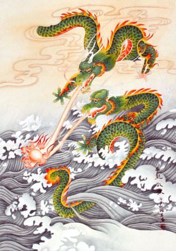 Two Dragons Pearl Fireball Revelry - Wall Scroll close up view