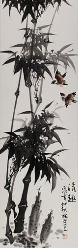 Chinese Birds and Bamboo Wall Scroll close up view