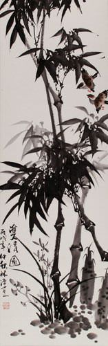 Chinese Birds and Bamboo Wall Scroll close up view