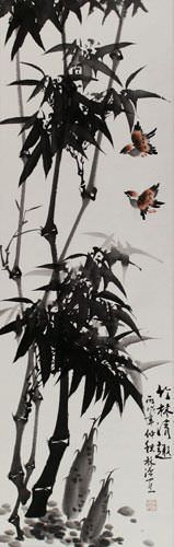 Chinese Birds and Bamboo Wall Scroll close up view