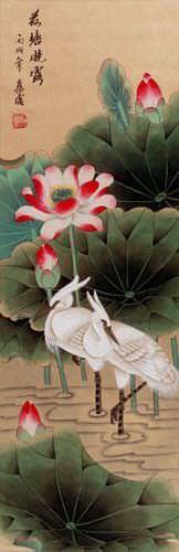 Morning Dew of the Lotus Pond - Egrets Wall Scroll close up view