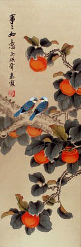 Everything As You Wish Birds & Persimmon Wall Scroll close up view