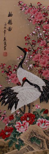 Plum Blossoms, Peony Flowers & Cranes Wall Scroll close up view