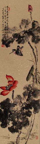 Bird and Lotus Flowers Wall Scroll close up view