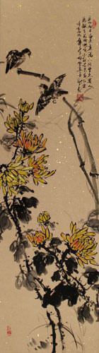 Birds and Chrysanthemum Flowers Wall Scroll close up view