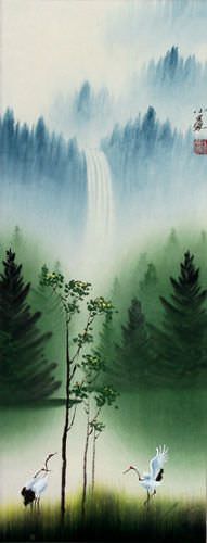 Waterfall Delight Asian Cranes Landscape - Small Wall Scroll close up view