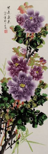 Purple Peony Flower Wall Scroll close up view