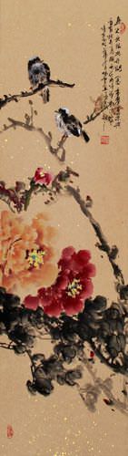 Birds and Peony Flowers Wall Scroll close up view