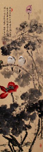 Bird and Lotus Flowers Wall Scroll close up view