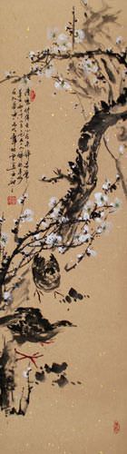 Birds and Plum Blossom Flowers Wall Scroll close up view