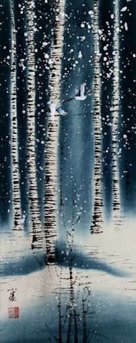 Birch Forest Cranes Winter Asian Wall Scroll