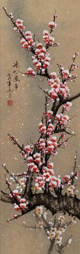 White/Pink Plum Blossom Wall Scroll close up view
